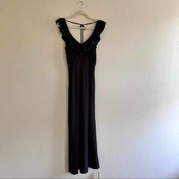 Reformation midi dress Cillian Silk ruffle neckline tie back in black Sz Medium - Picture 4 of 13